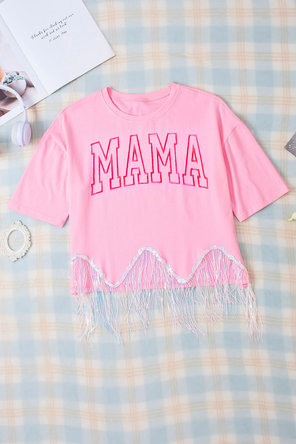 Blush Pink MAMA Sequin Fringe Round Neck T-Shirt