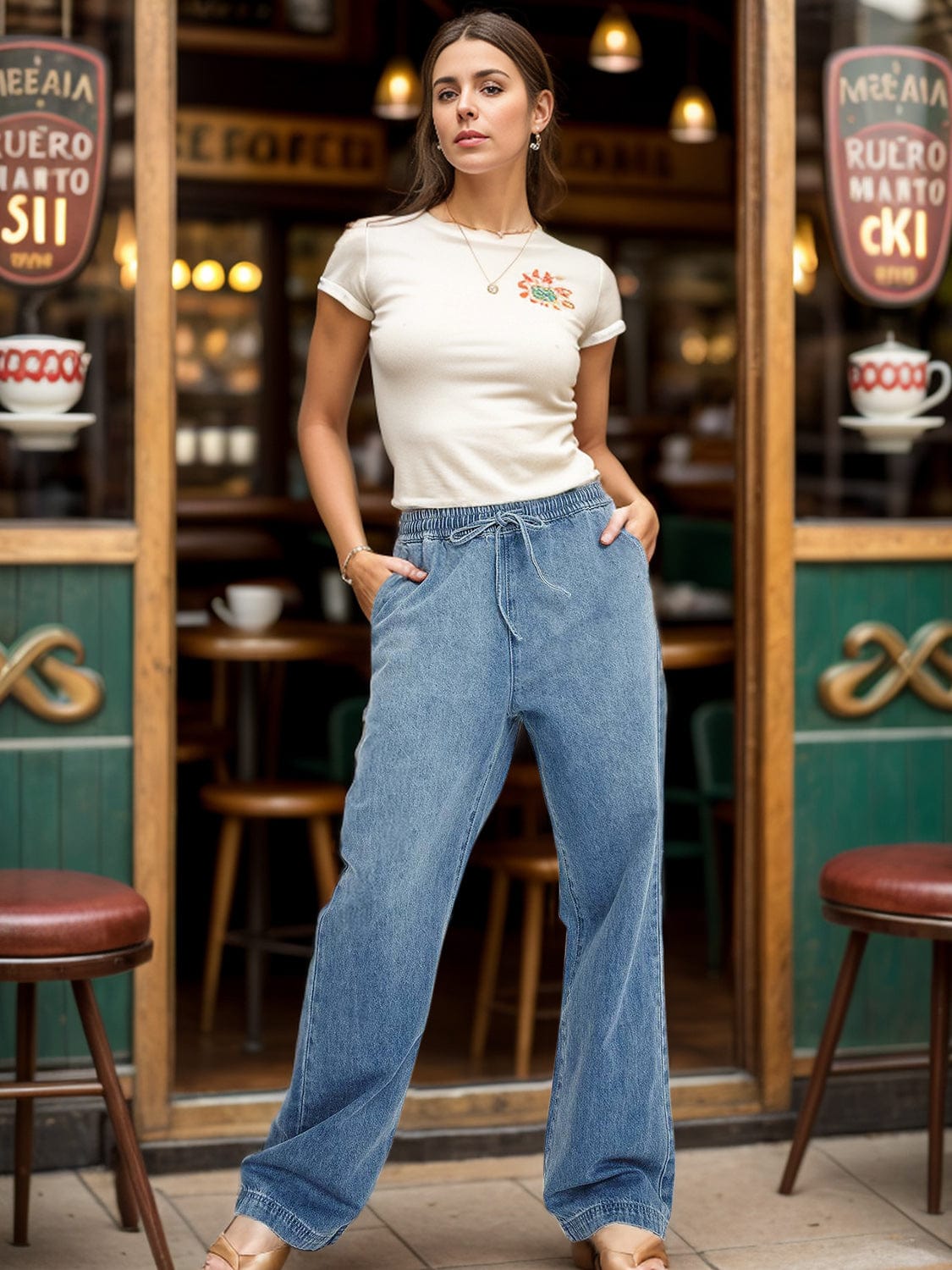 Drawstring Straight Jeans with Pockets