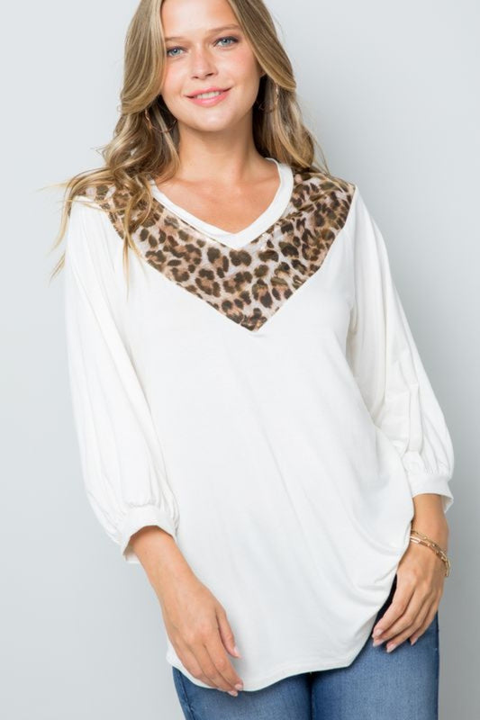 Celeste Full Size Leopard Contrast Balloon Sleeve Top