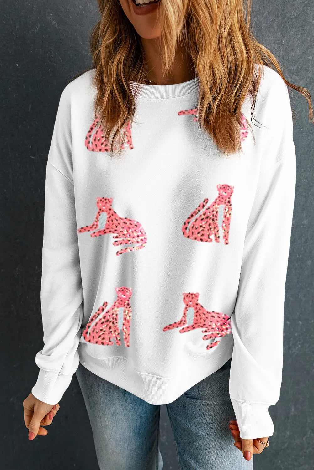 Full Size Leopard Round Neck White Long Sleeve Sweatshirt