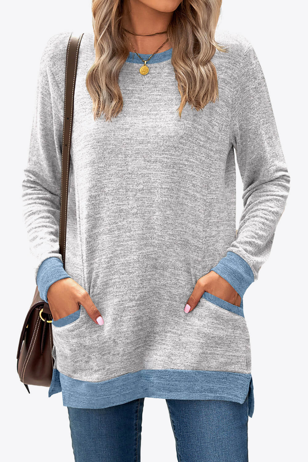 Heathered Slit Top with Pockets