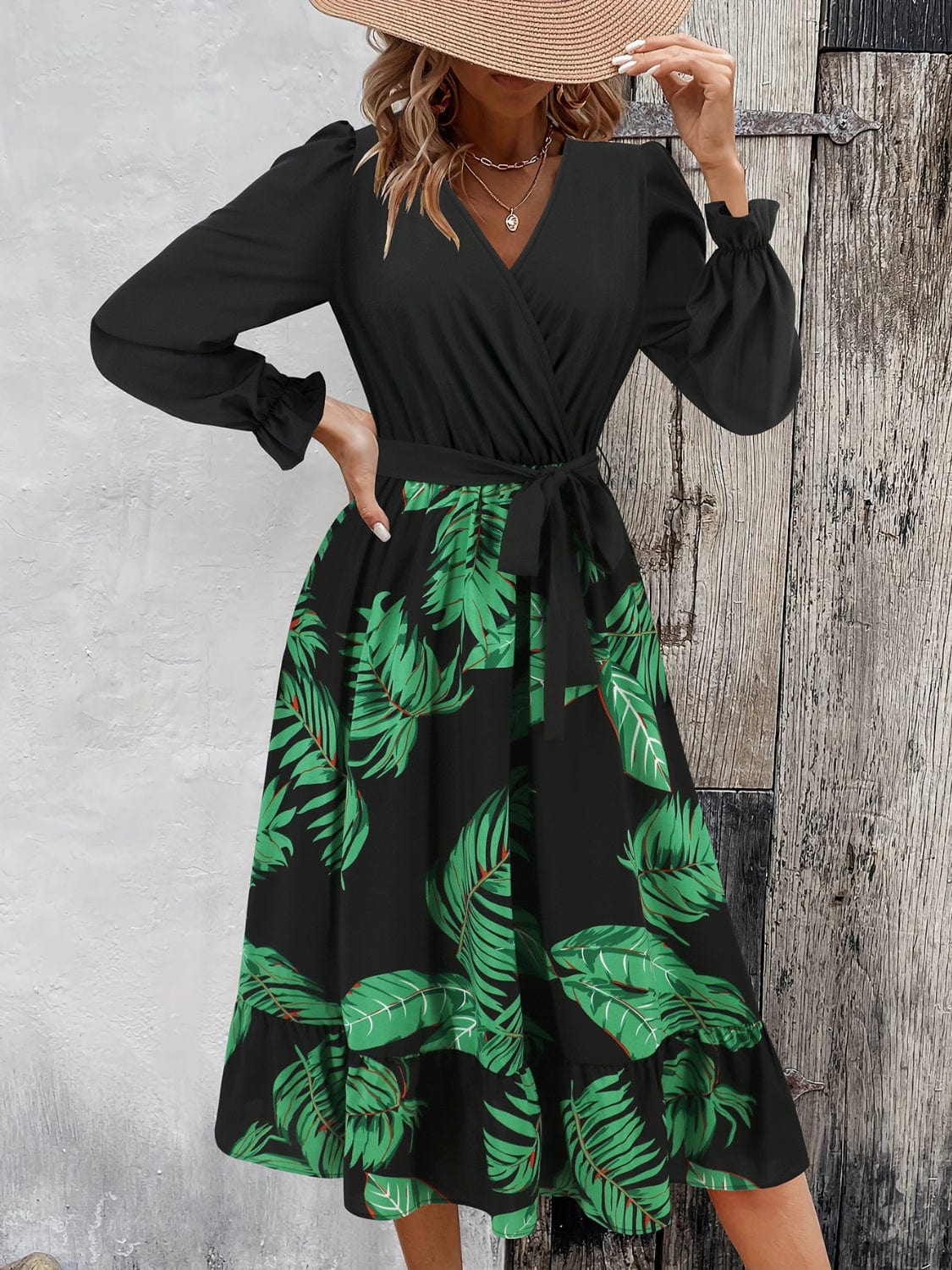 Full Size Tied Ruffled Printed Long Sleeve Dress