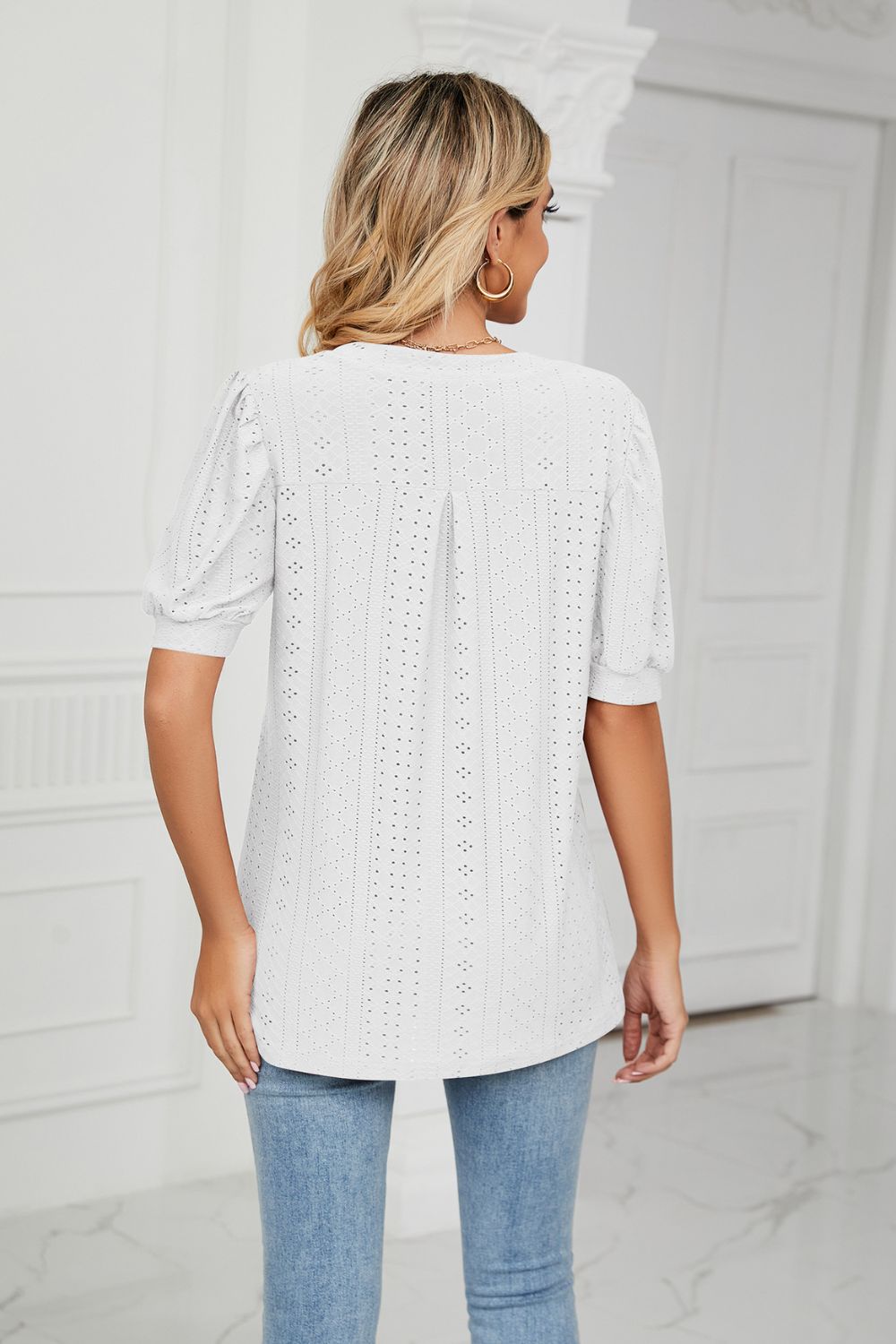 Eyelet Short Puff Sleeve Notched Neck Top