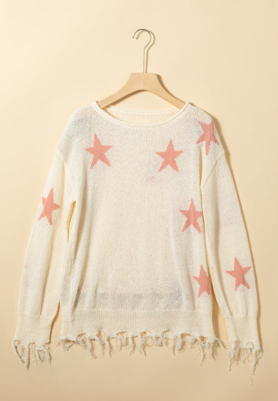 Contrast Star Raw Hem Long Sleeve Knit Top