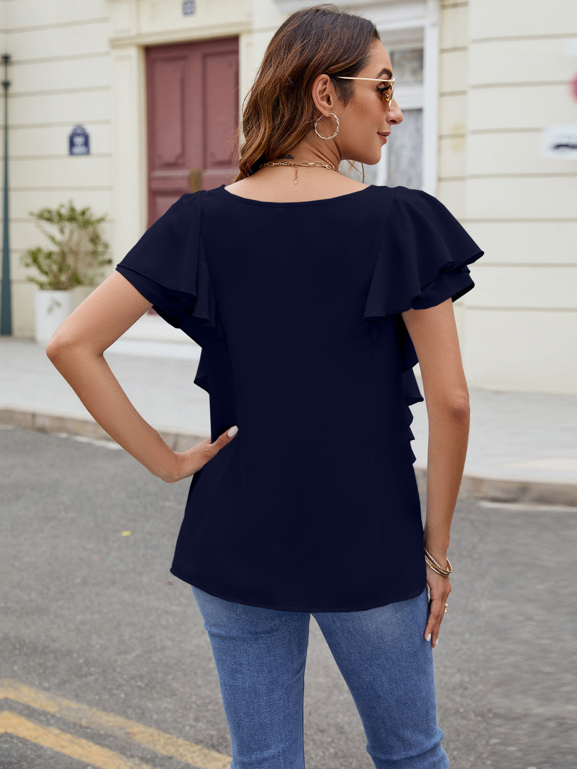 Full Size Ruffled V-Neck Short Sleeve Top