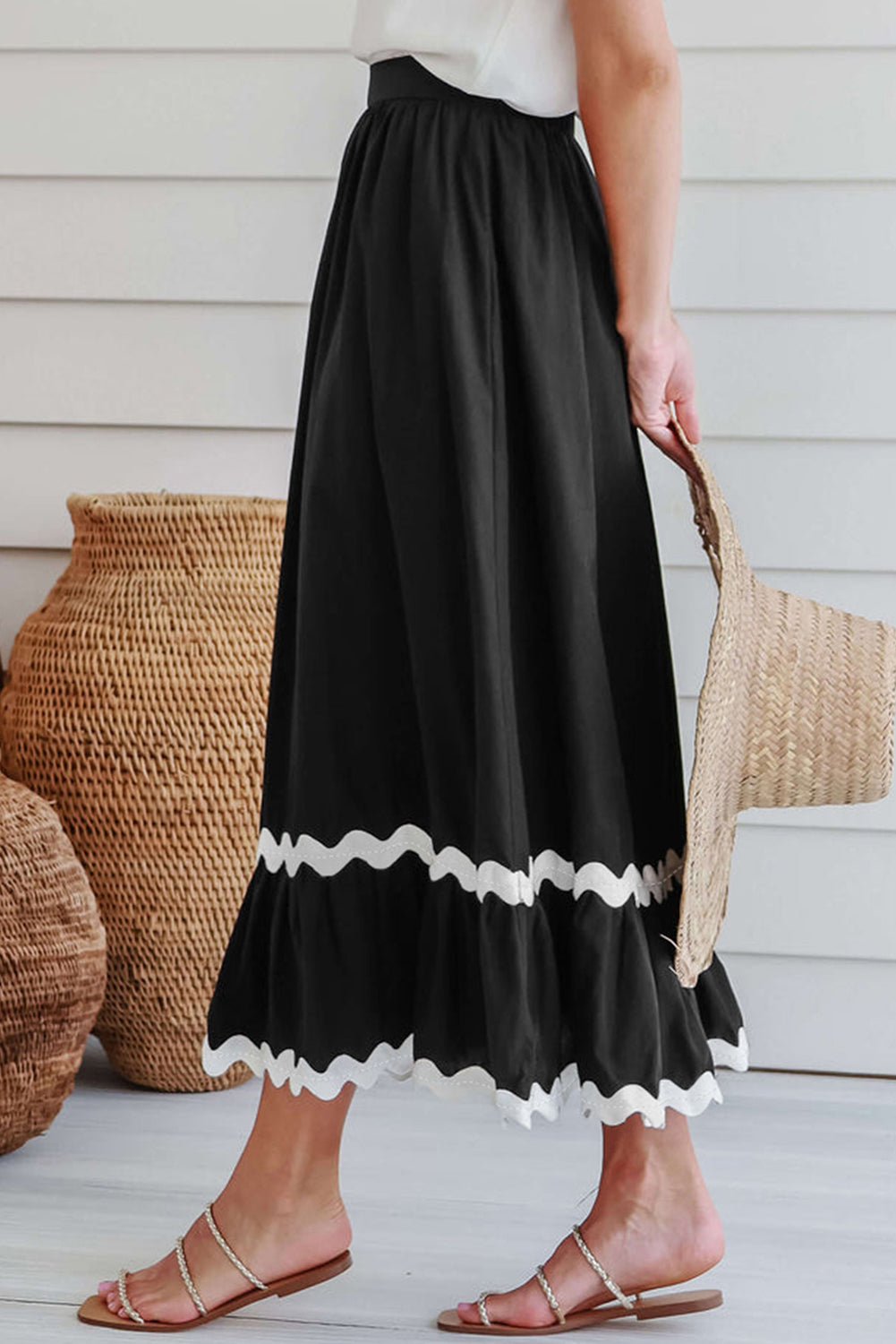 Black Contrast Trim Elastic Waist Skirt