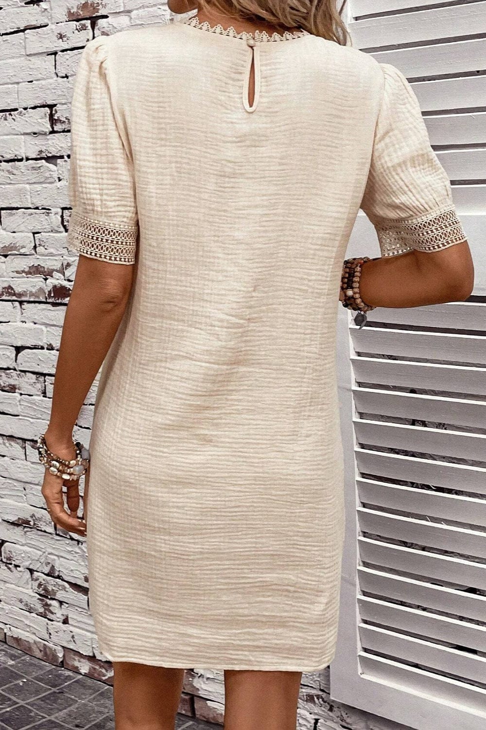 Lace Detail Round Neck Short Sleeve Mini Dress