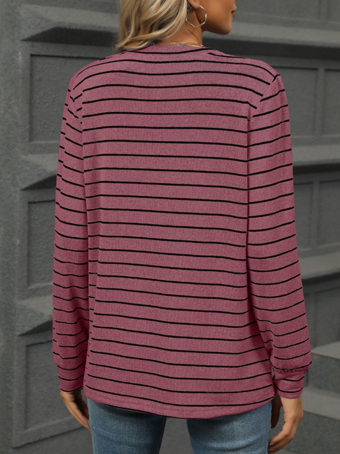 Full Size Striped Notched Long Sleeve T-Shirt