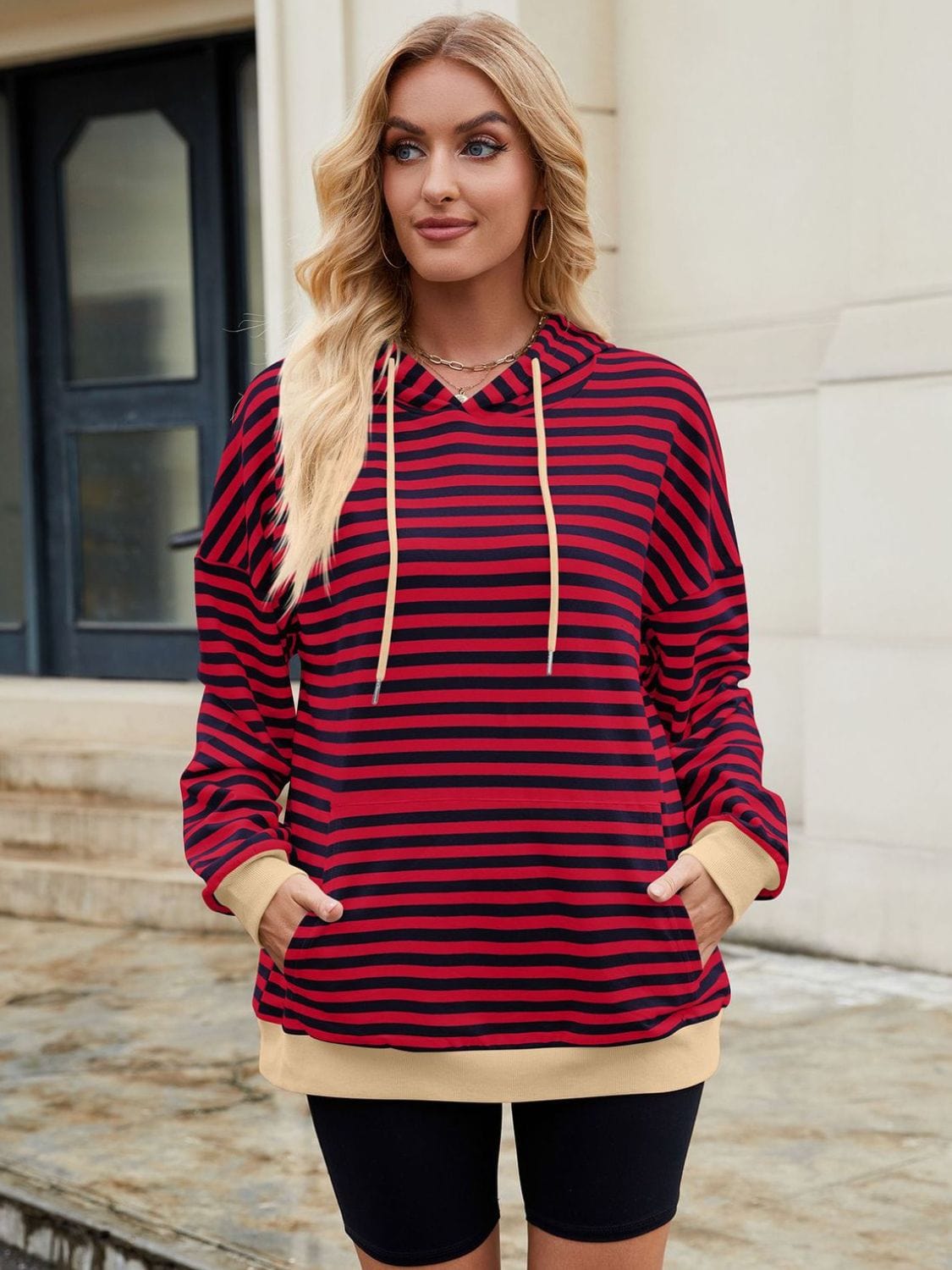 Drawstring Contrast Striped Long Sleeve Hoodie