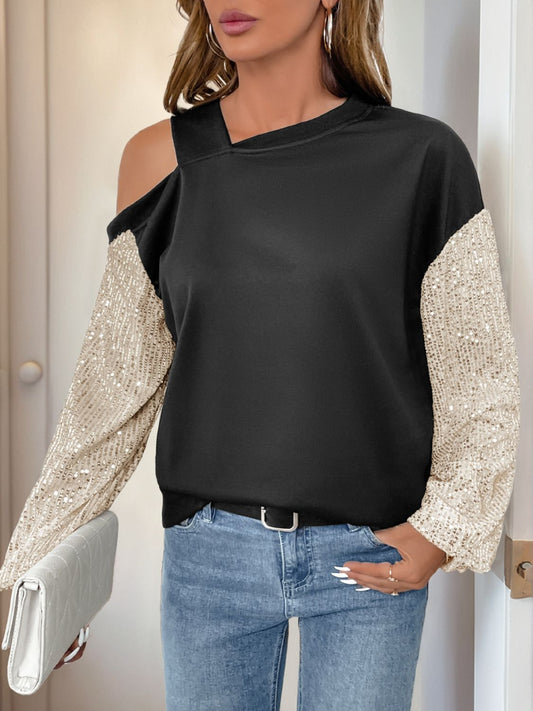 Perfee Sequin Asymmetrical Neck Long Sleeve Sweatshirt