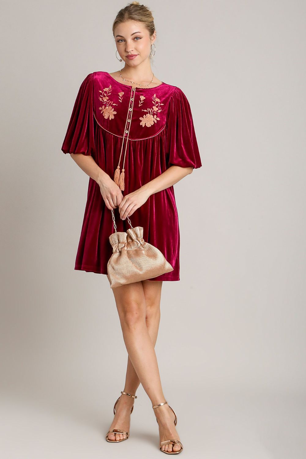 Umgee Embroidered Half Sleeve Velvet Mini Dress with Tassel