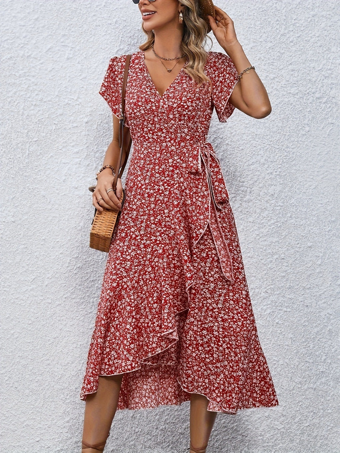 Full Size Printed Surplice Flutter Sleeve Midi Dress