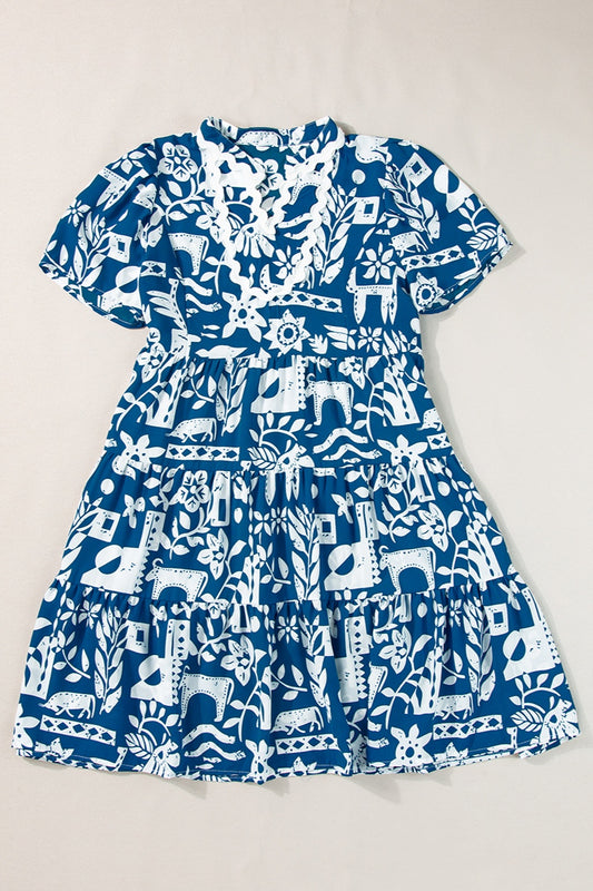Printed Notched Short Sleeve Mini Dress