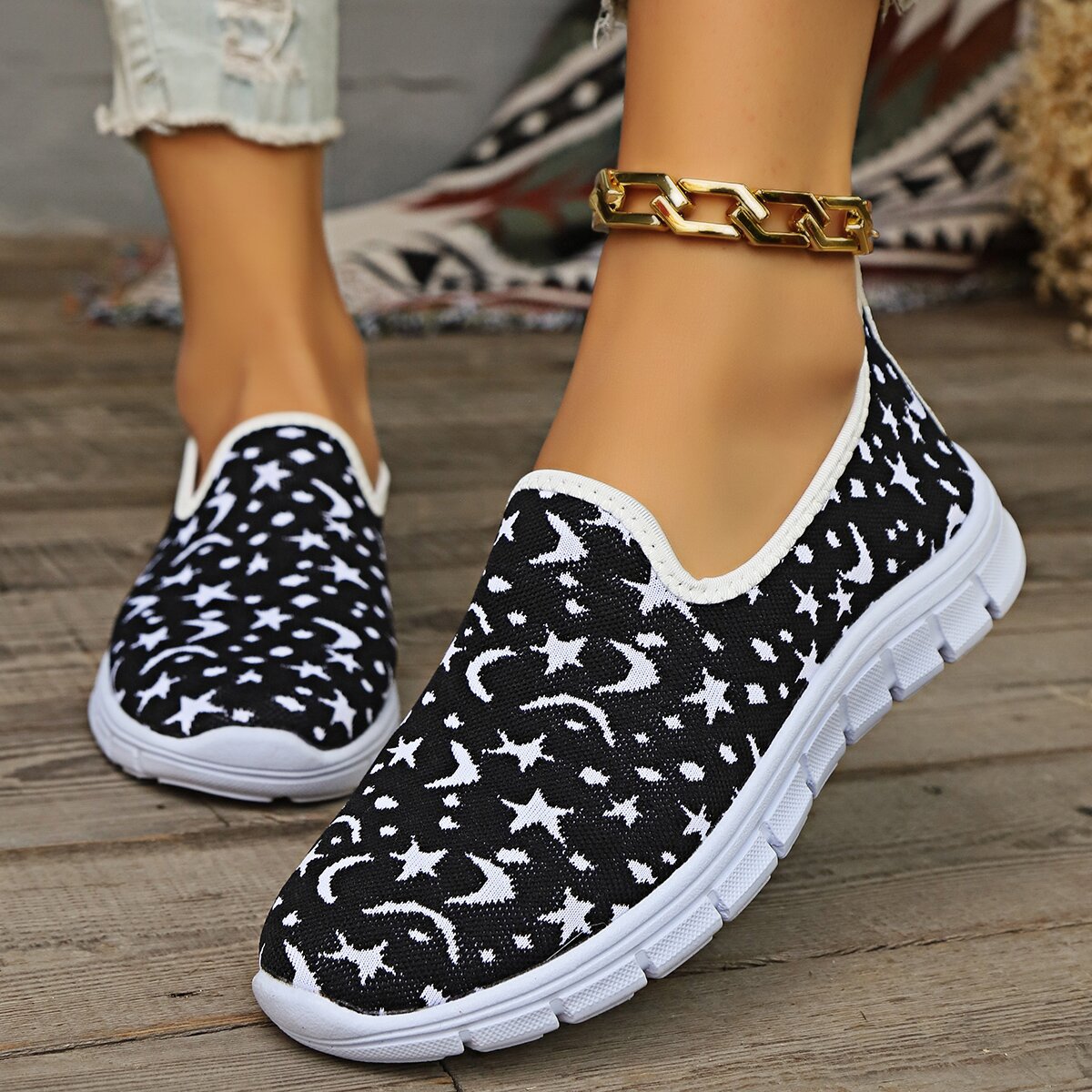 Celestial Star & Moon Pattern Flat Loafers