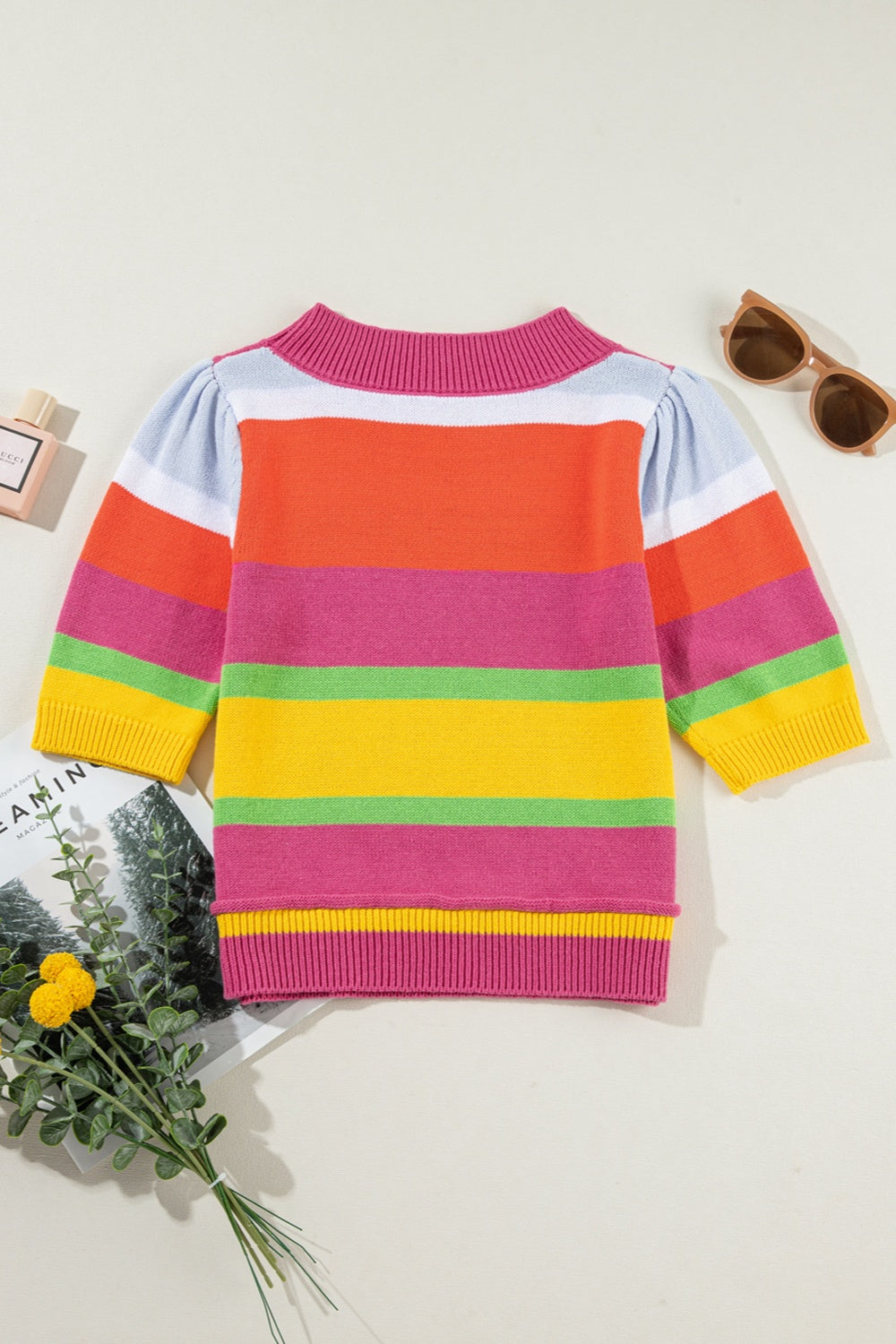 Color Block Round Neck Half Sleeve Knit Top