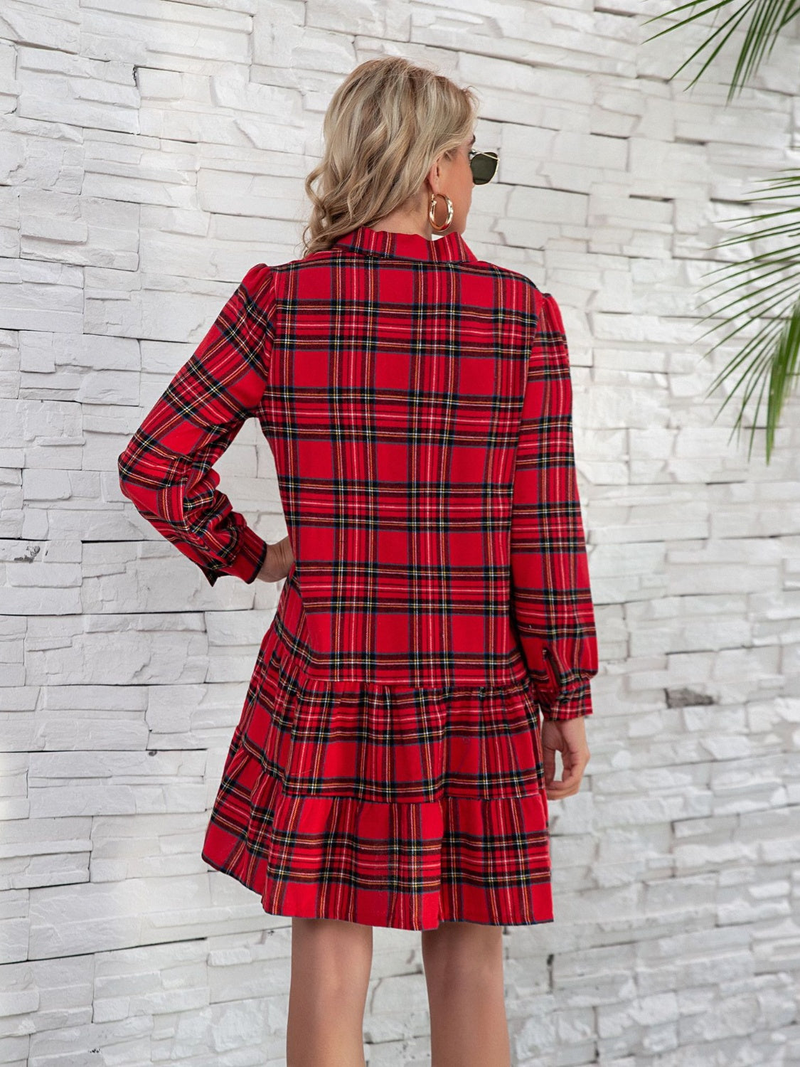 Ruffle Hem Plaid Button Down Long Sleeve Dress