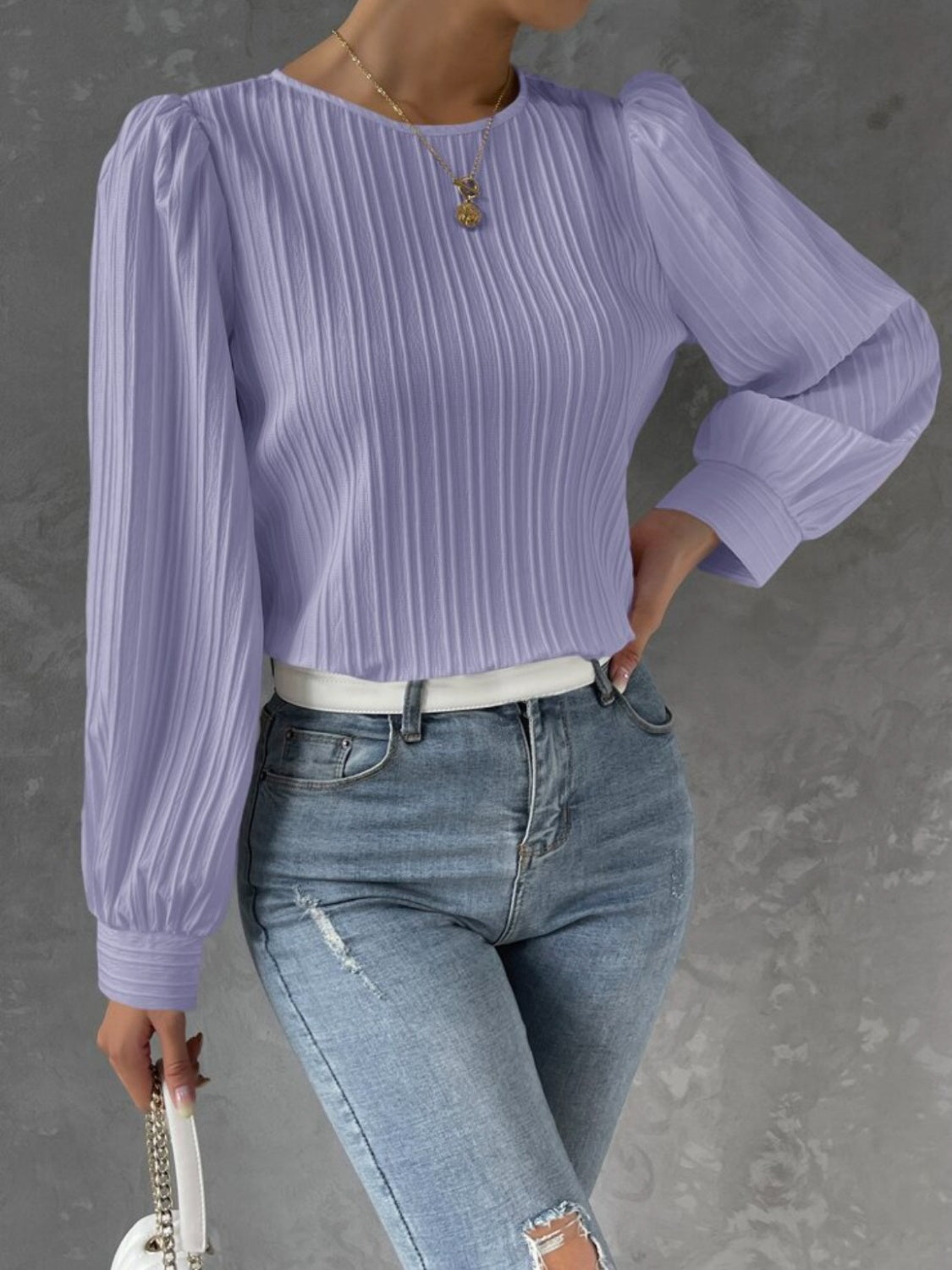 Textured Round Neck Long Sleeve Blouse