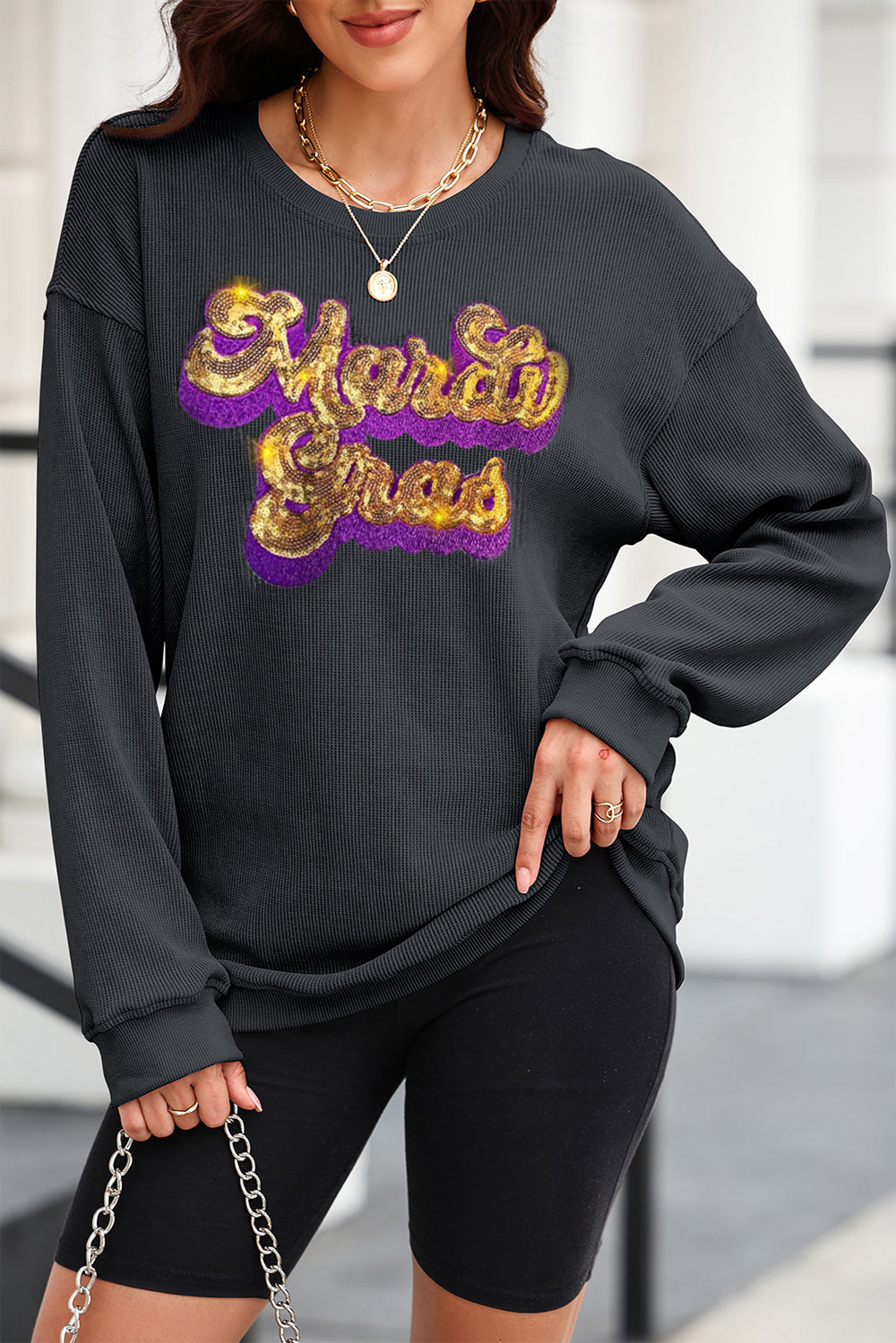 Sequin Mardi Gras Embroidered Round Neck Sweatshirt