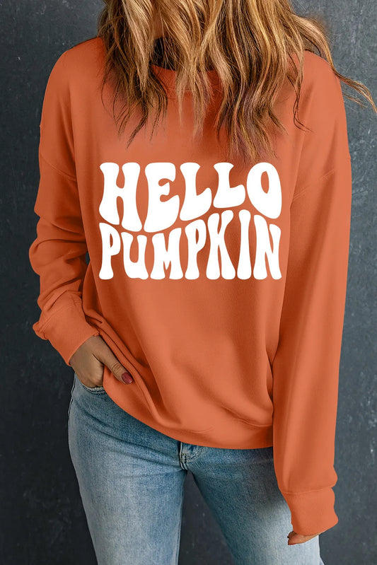 Hello Pumpkin Letter Graphic Round Neck Long Sleeve Sweatshirt