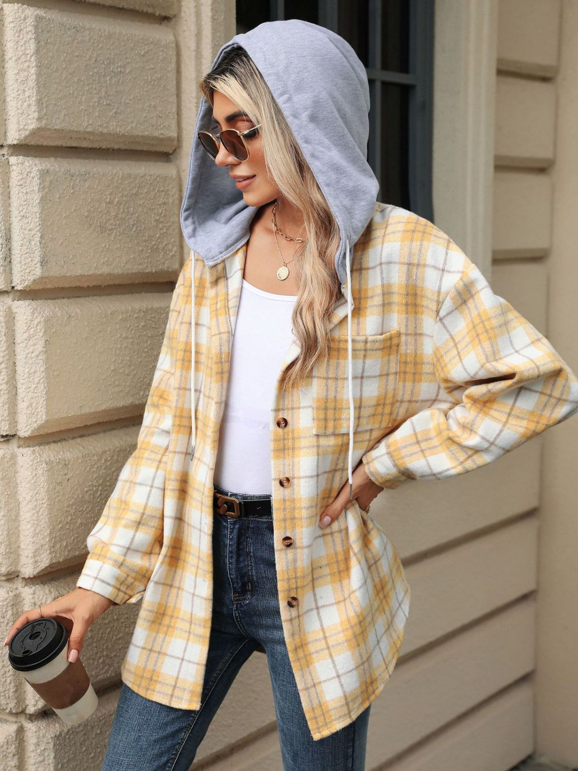 Drawstring Plaid Button Up Hooded Jacket