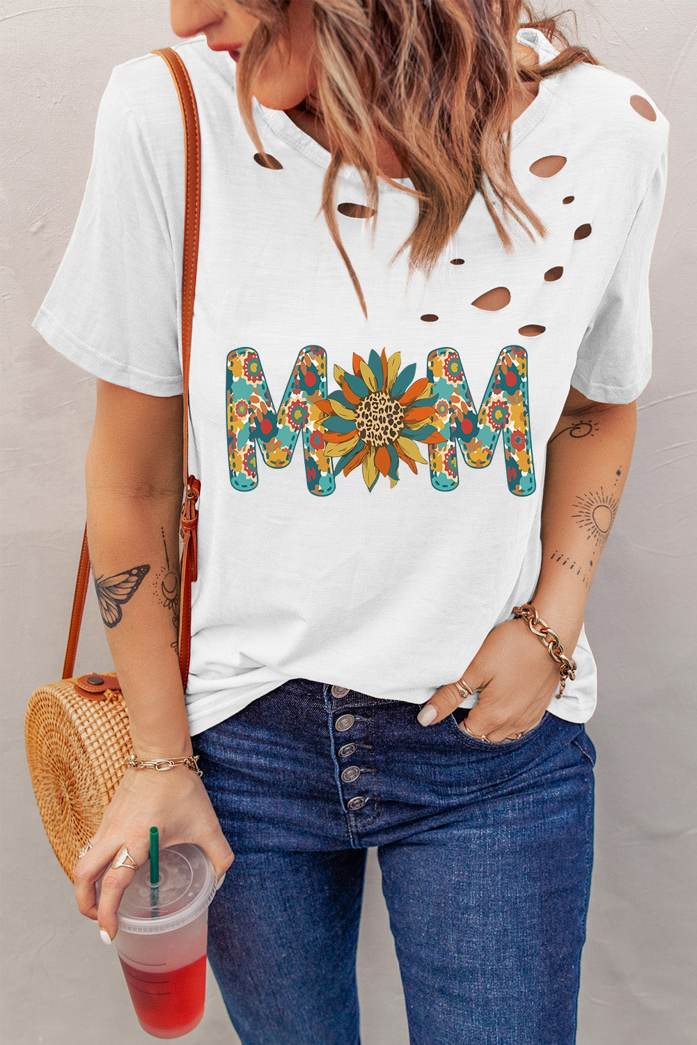 Letter Sunflower Graphic Distressed Tee