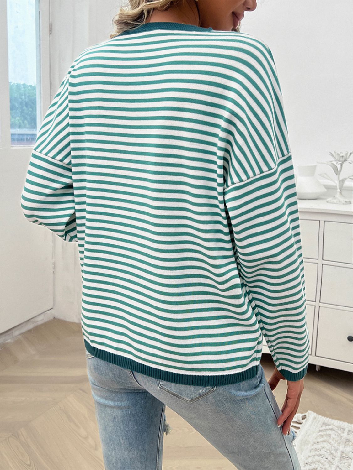 Striped Round Neck Dropped Shoulder Sweater