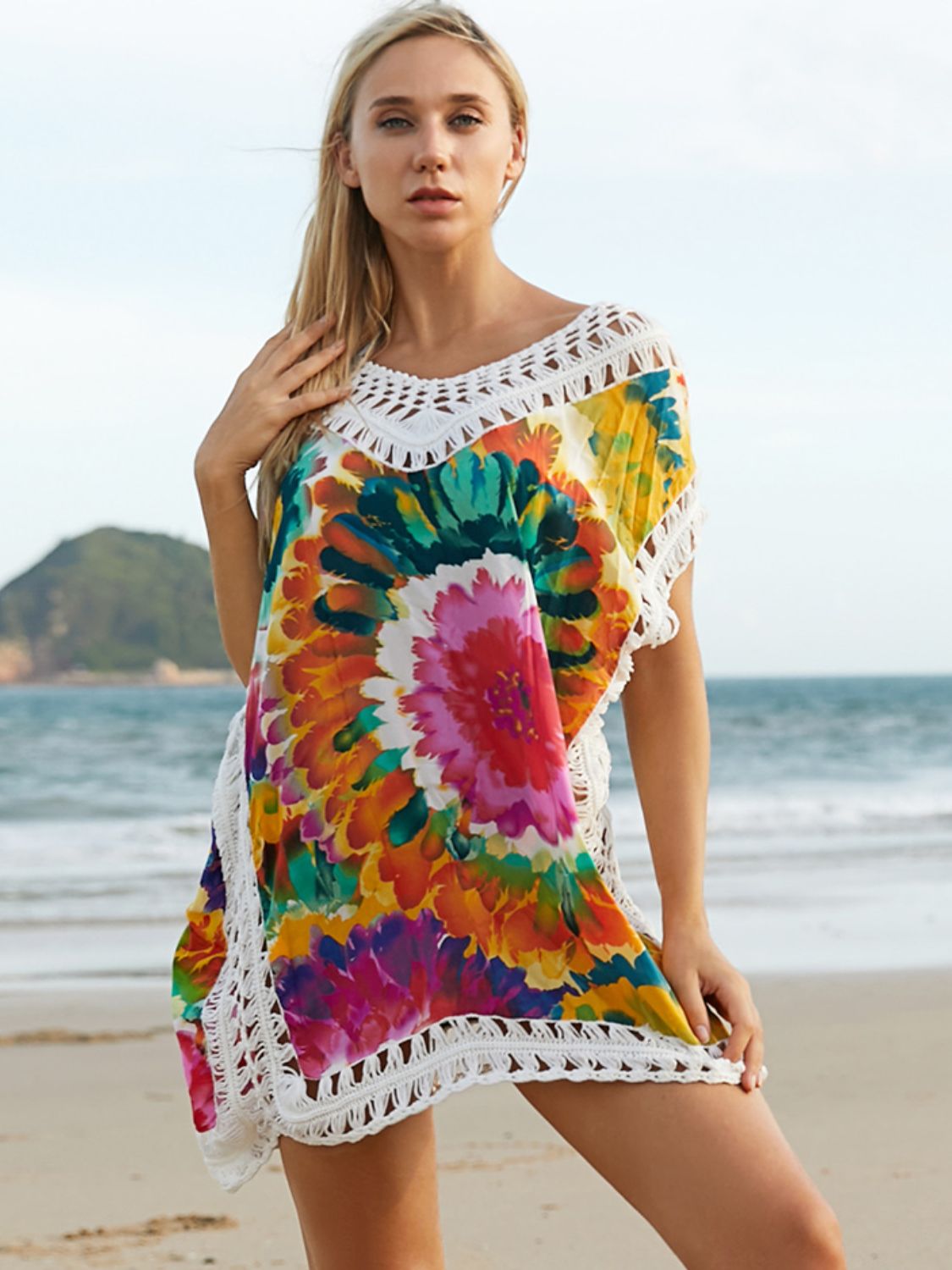 Sand n' Sun Openwork Printed Round Neck Cover Up
