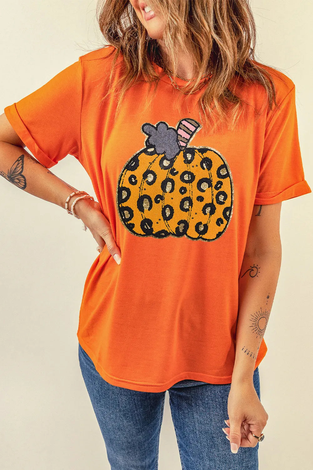 Pumpkin Round Neck Short Sleeve T-Shirt