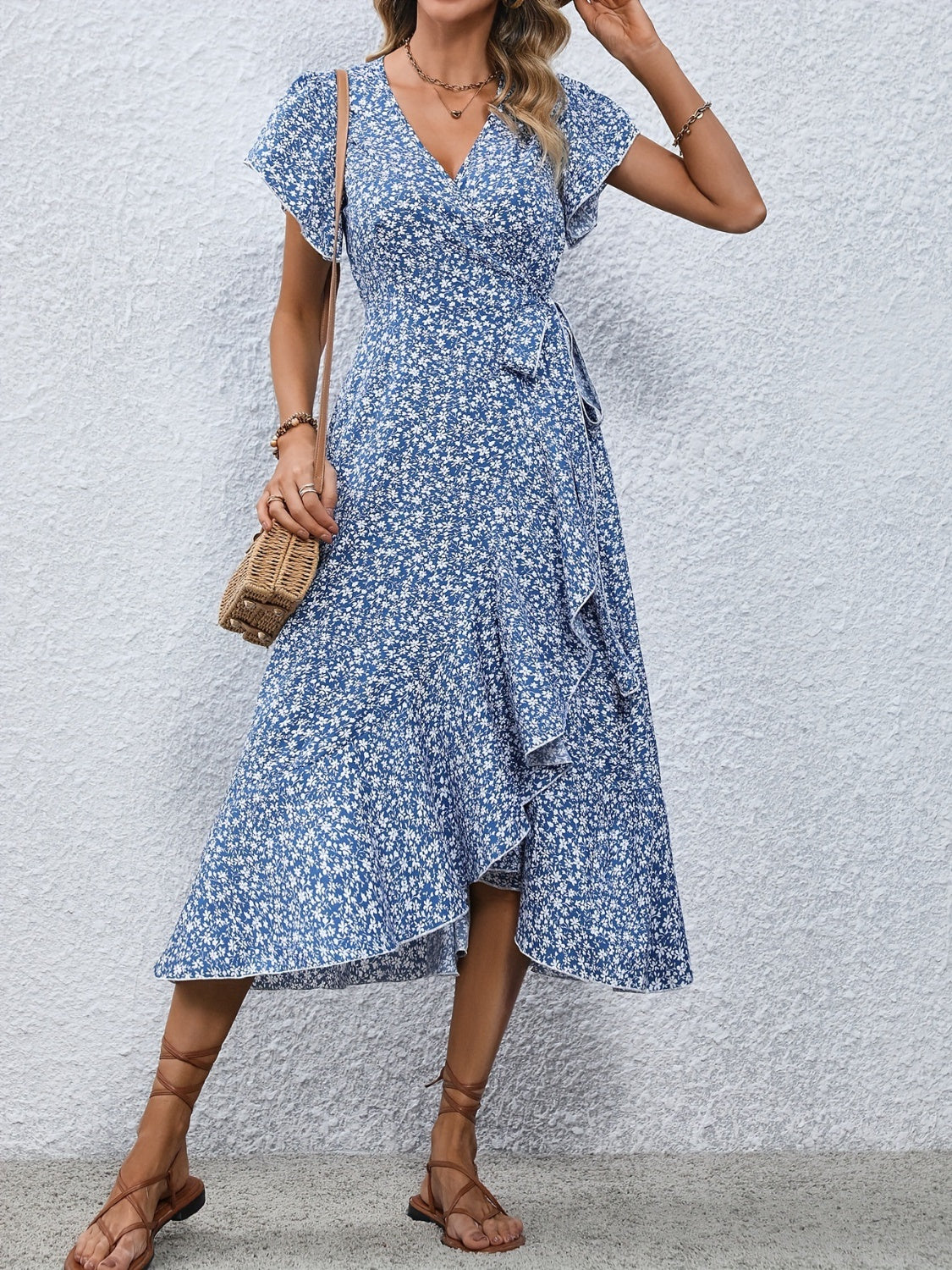 Full Size Printed Surplice Flutter Sleeve Midi Dress