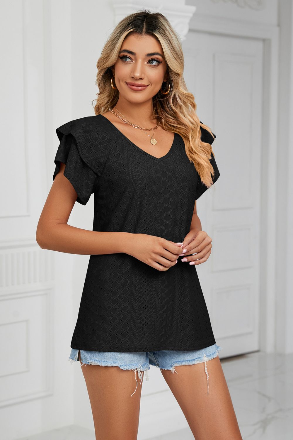 Eyelet Layered Flutter Sleeve V-Neck Knit Top