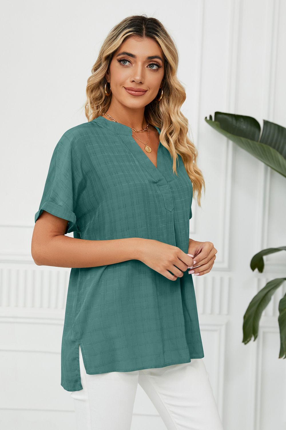 Full Size Side Slit Notched Neck Cuffed Short Sleeve Blouse