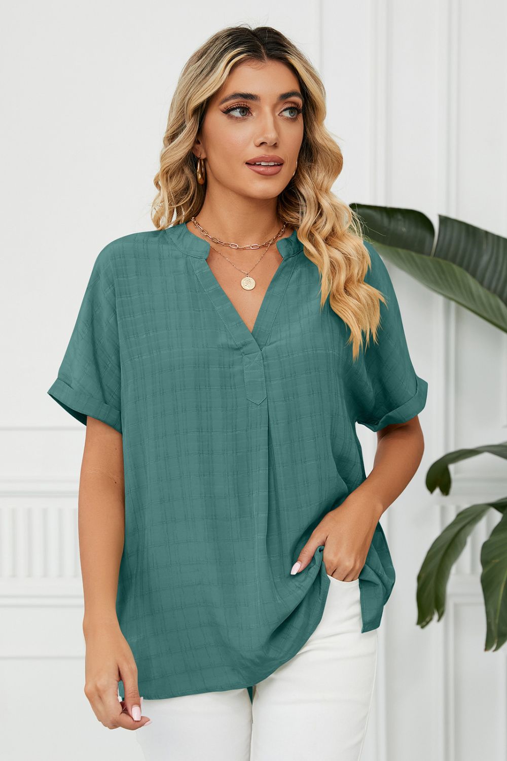 Full Size Side Slit Notched Neck Cuffed Short Sleeve Blouse