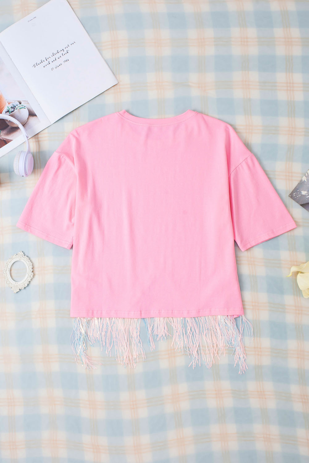 Blush Pink MAMA Sequin Fringe Round Neck T-Shirt