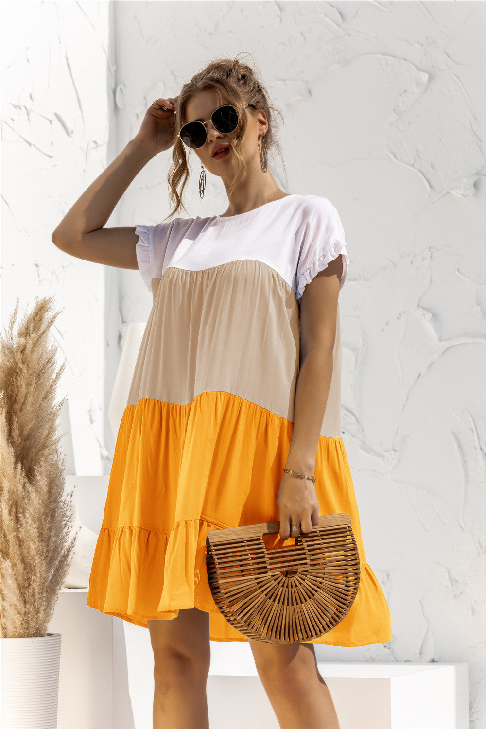 Color Block Round Neck Ruffle Hem Dress