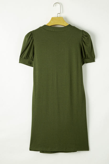 Pin-Tuck Notched Short Sleeve Dress