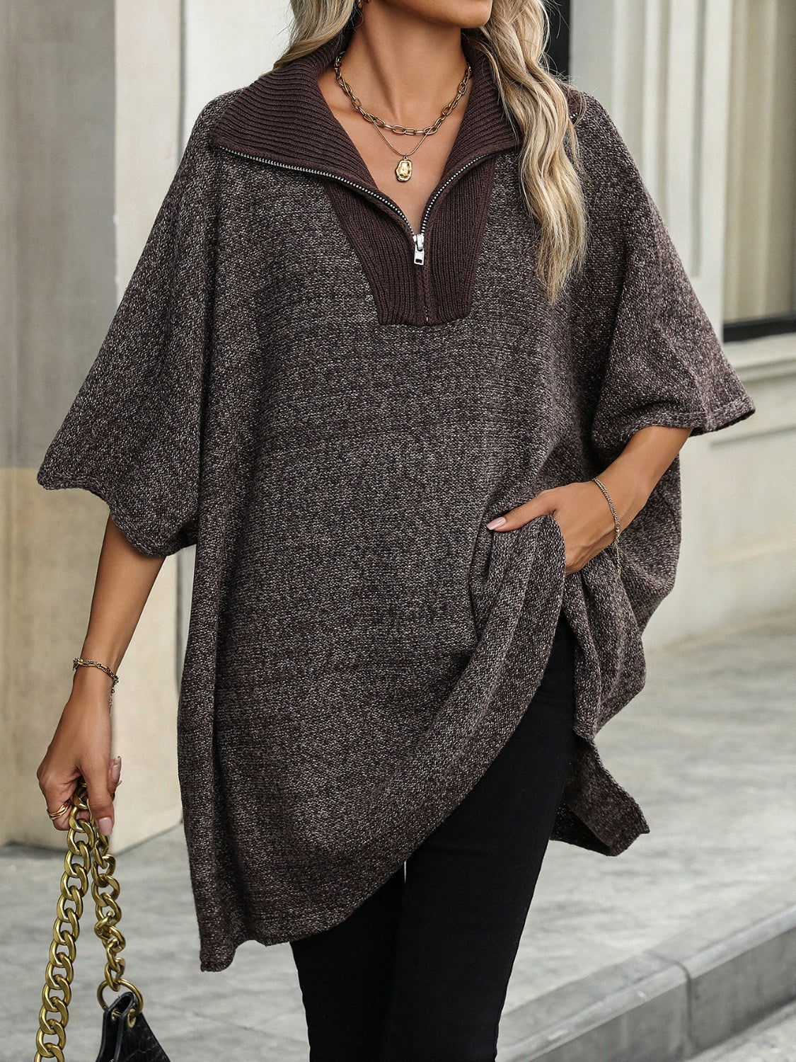 Slit Quarter Zip Half Sleeve Sweater