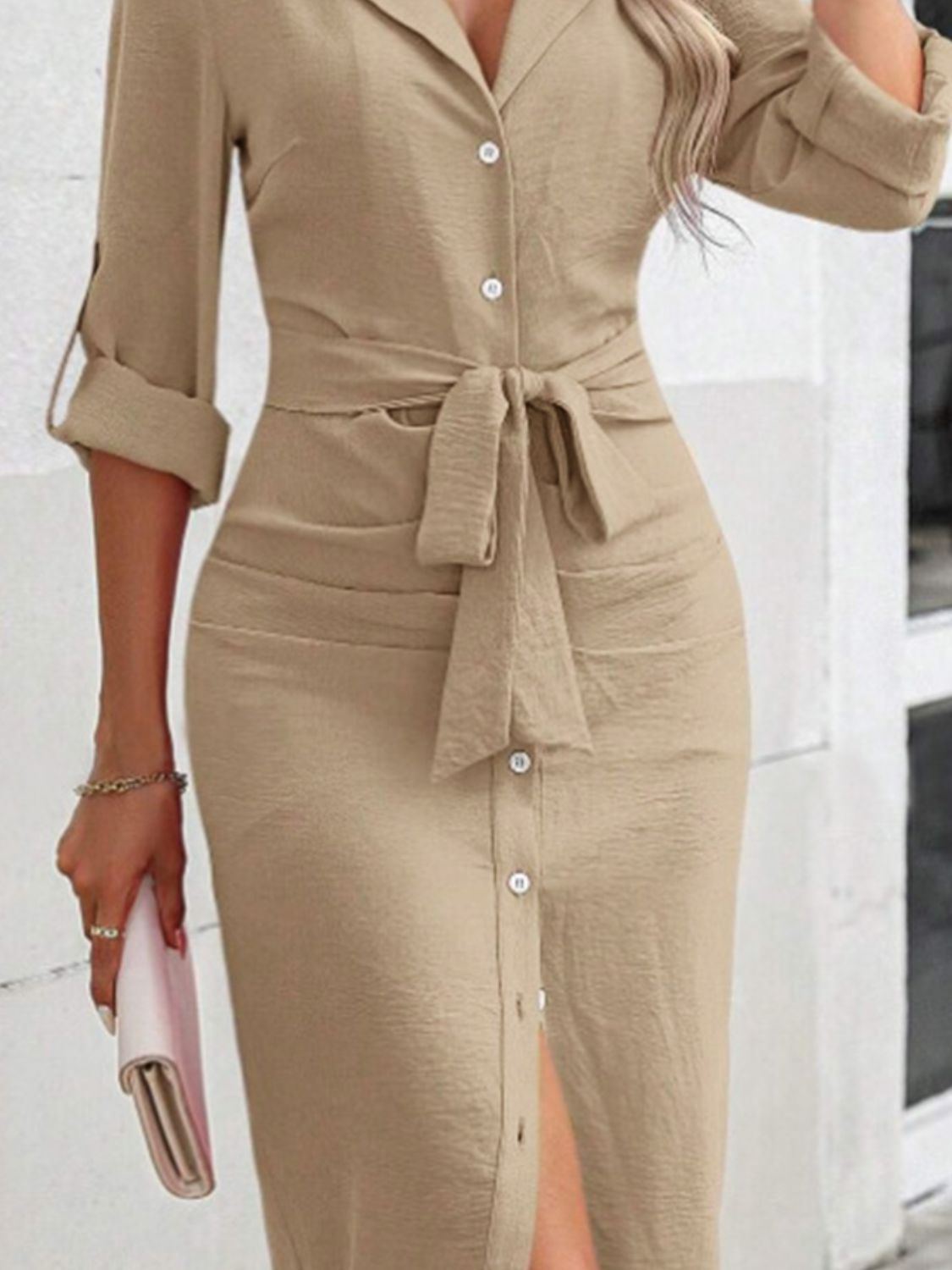 Tied Button Up Collared Neck Roll-Tab Sleeve Dress