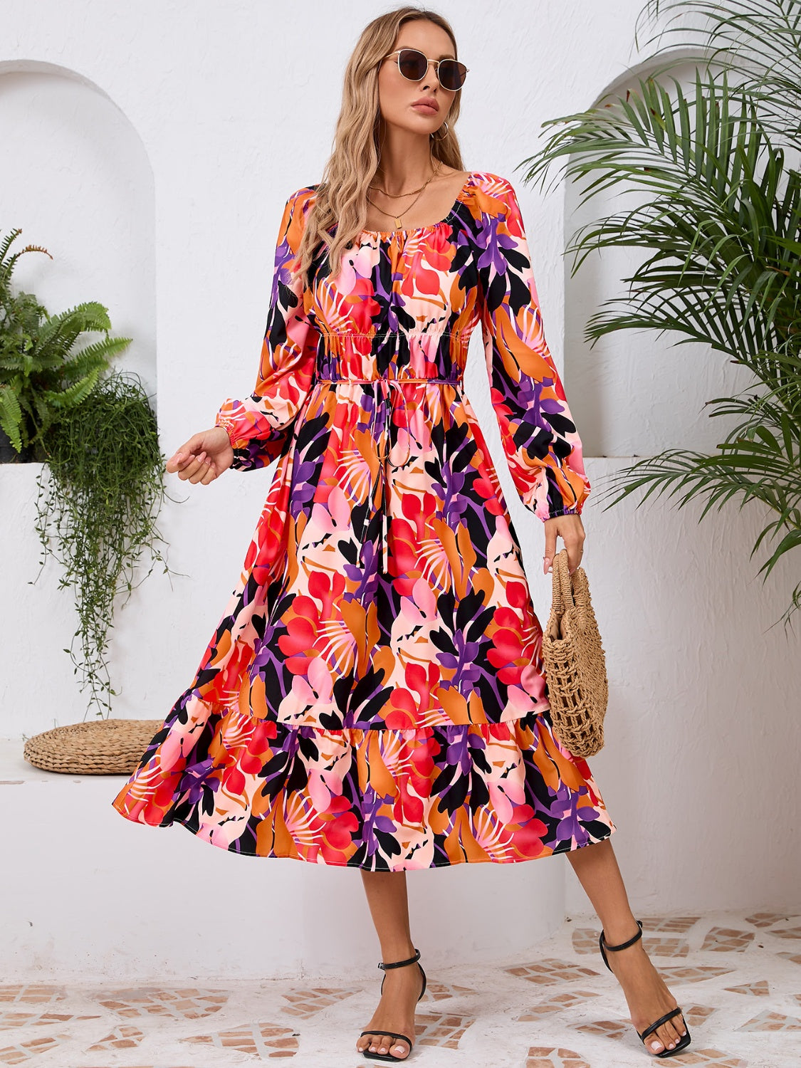 Full Size Printed Long Sleeve Midi Dress