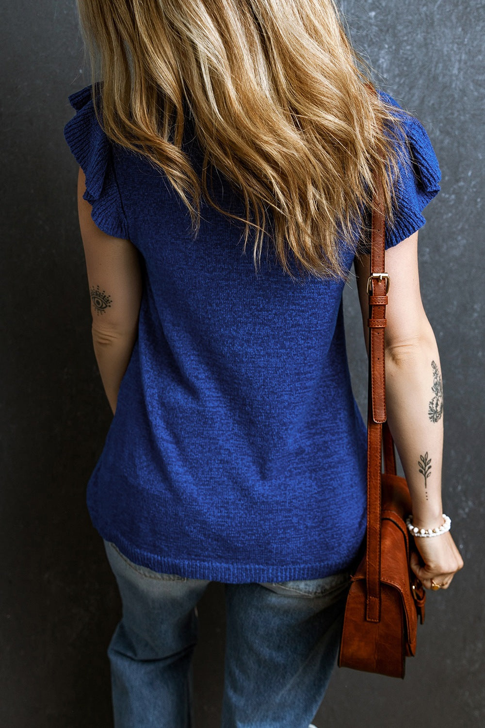 Dark Blue Ruffled Round Neck Knit Top