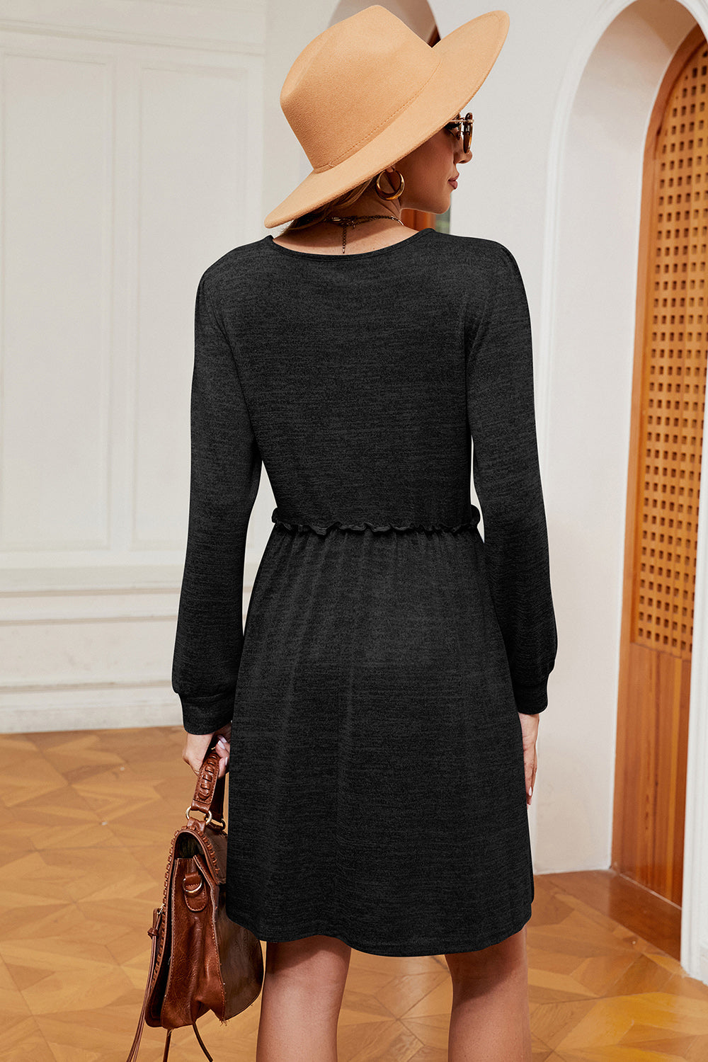 Frill Square Neck Long Sleeve Dress