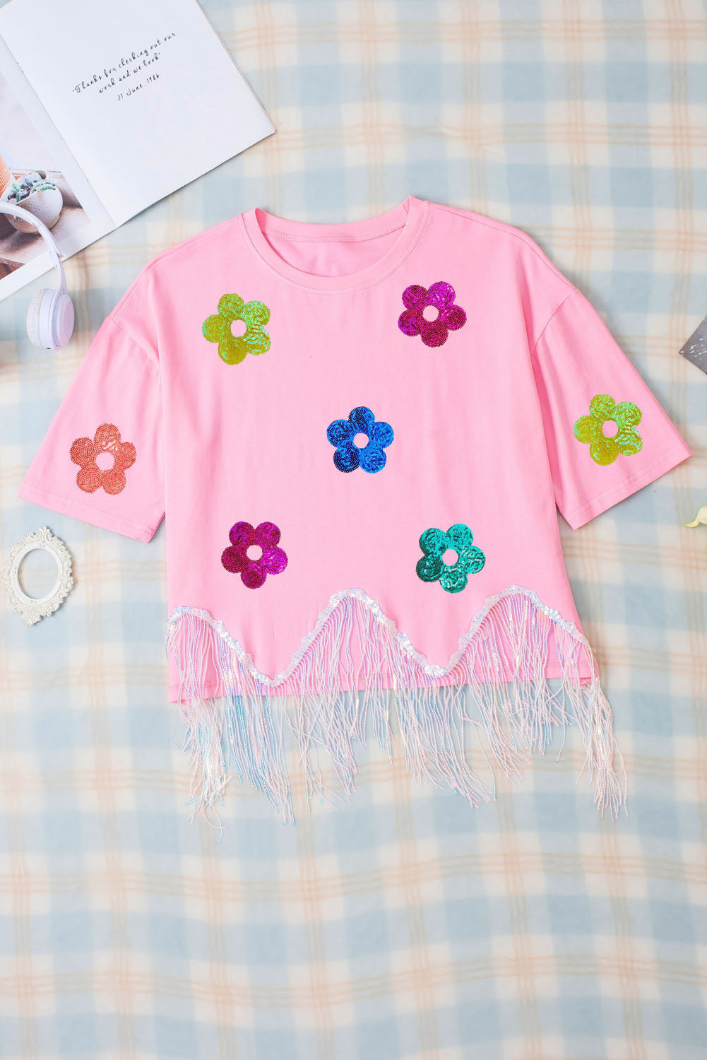 Sequin Flower Round Neck Half Sleeve T-Shirt