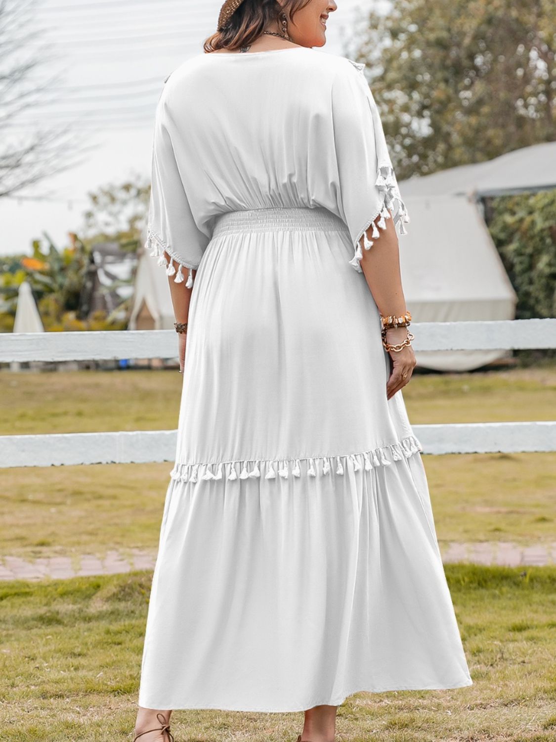 Plus Size Tassel Smocked V-Neck Half Sleeve White Dress