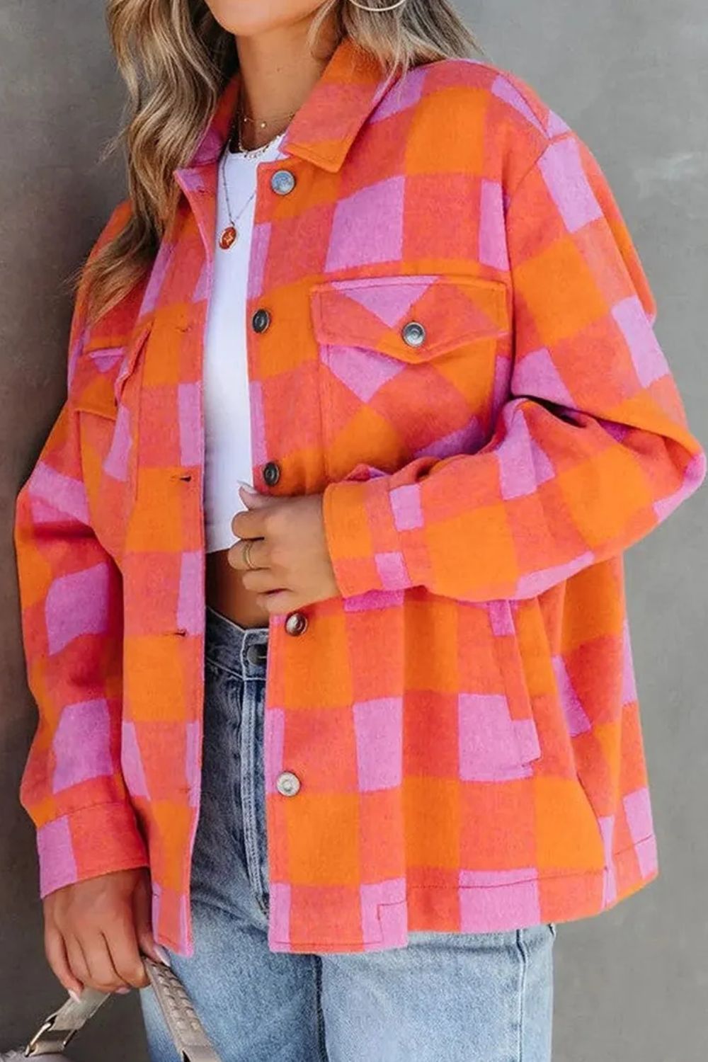 Color Block Plaid Button Up Long Sleeve Jacket