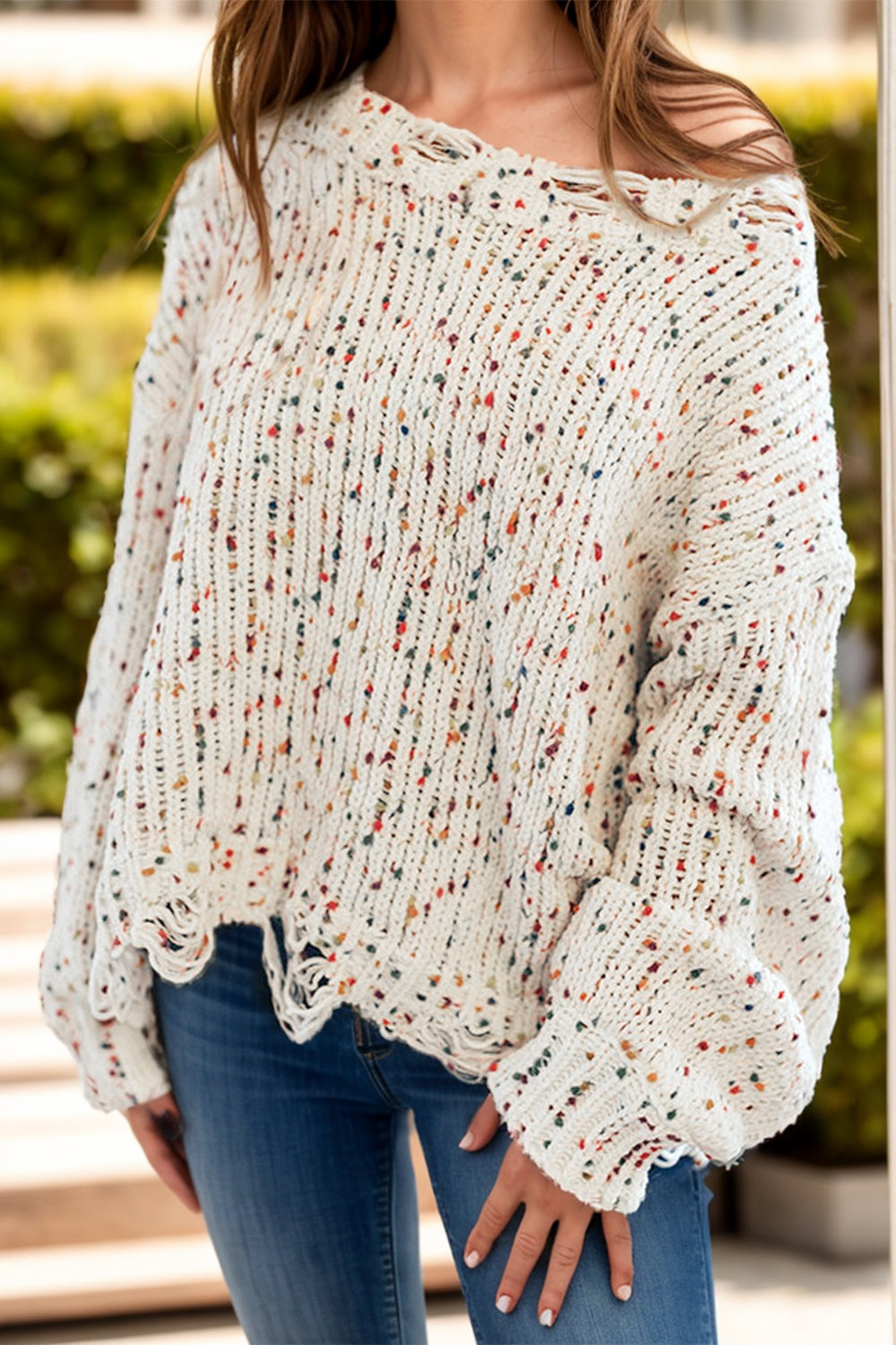 Confetti Round Neck Dropped Shoulder Sweater