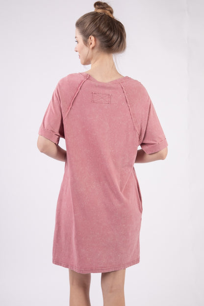 VERY J Washed Mauve Round Neck Mini Tee Dress