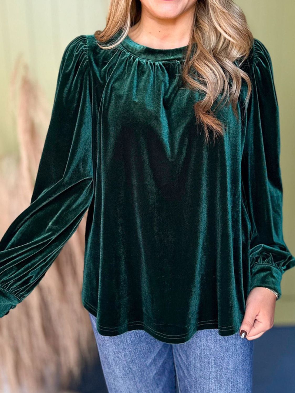 Ruched Round Neck Long Sleeve Blouse