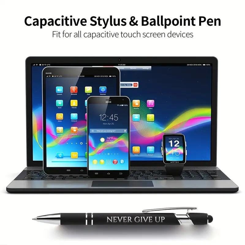 12pc Inspirational Metal Ballpoint Pen Set - Motivational Messages - Black Ink Stylus Tip