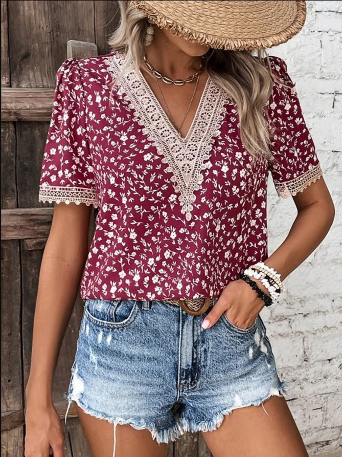 Full Size Printed V-Neck Short Sleeve Blouse