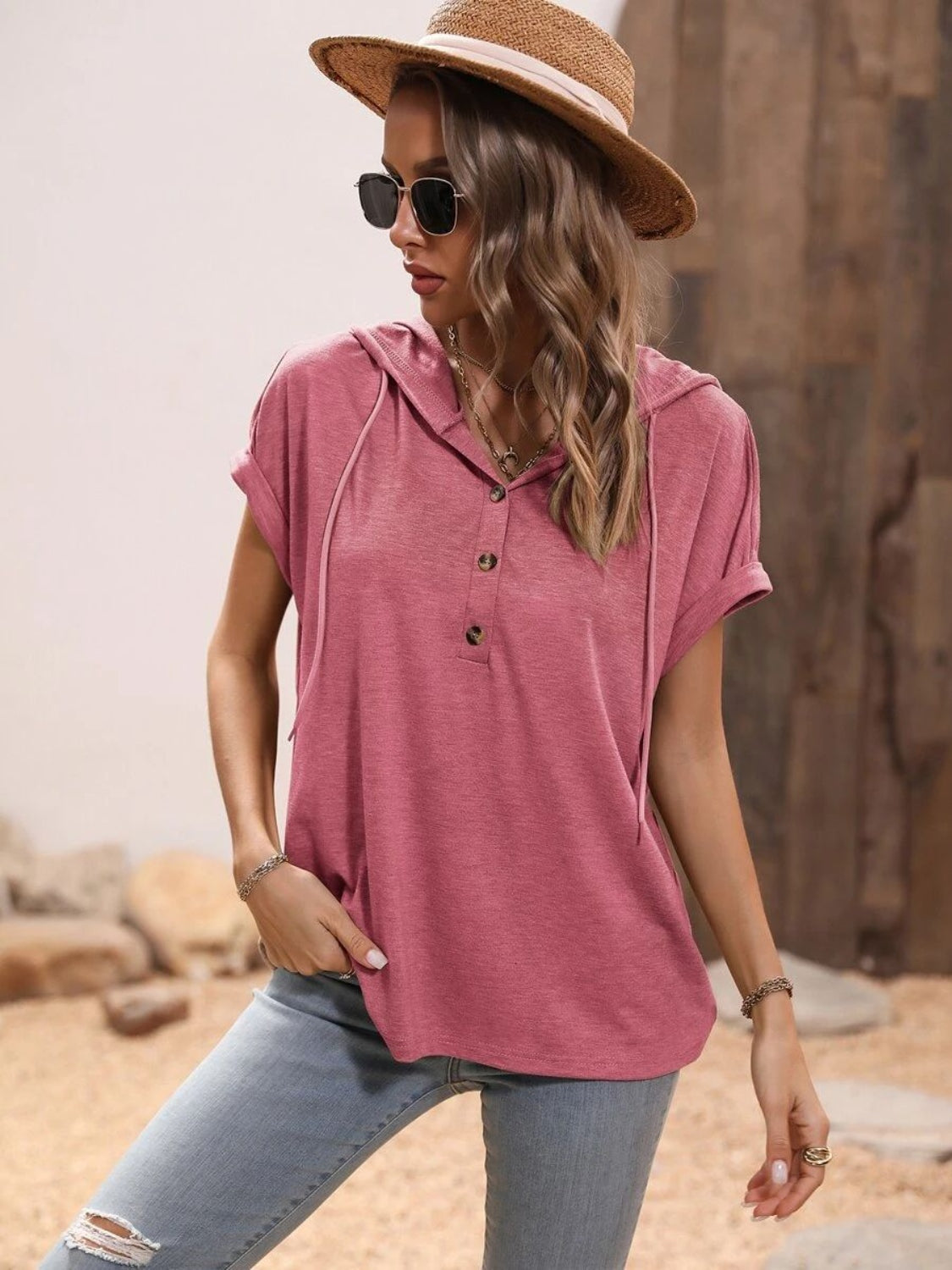Full Size Half Button Hooded Short Sleeve Blouse
