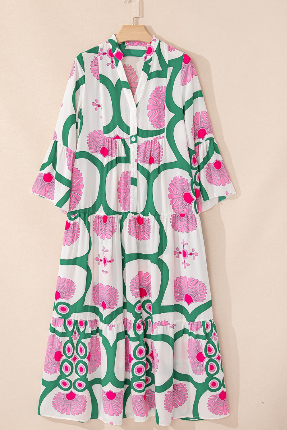 Printed Notched Long Sleeve Maxi Dress